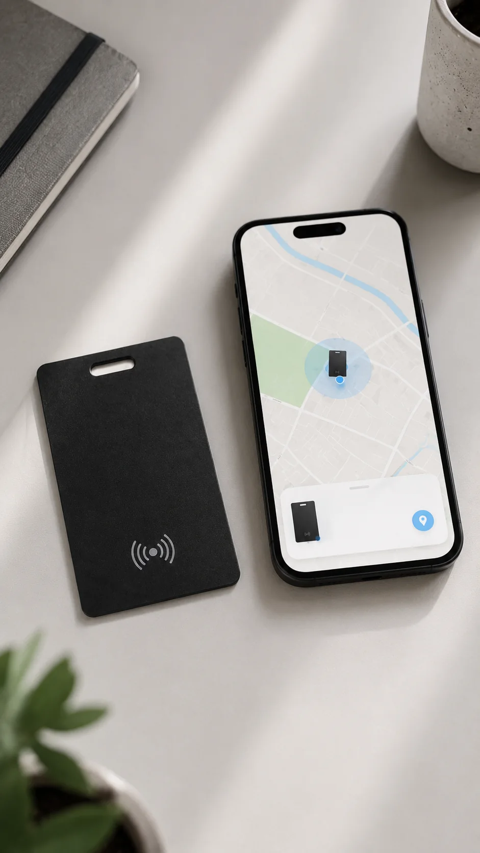Tarjeta rastreadora junto a un celular mostrando un mapa